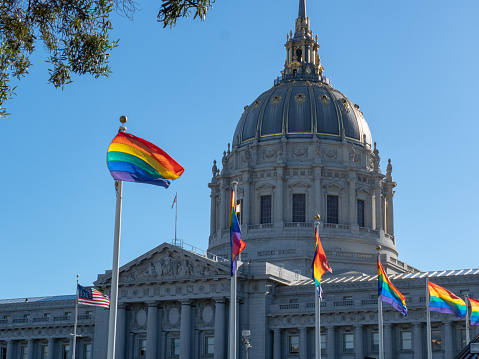 A number of gay Pride flags flying outside of San Francisco City Hall