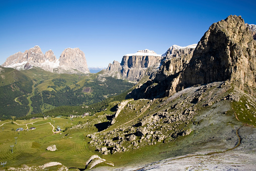 Tre cime di Lavaredo with chapel, panoramic view, Dolomites , Italy