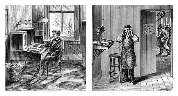 ilustraciones, imágenes clip art, dibujos animados e iconos de stock de el uso temprano de teléfono, circa 1879 - telephone old old fashioned desk