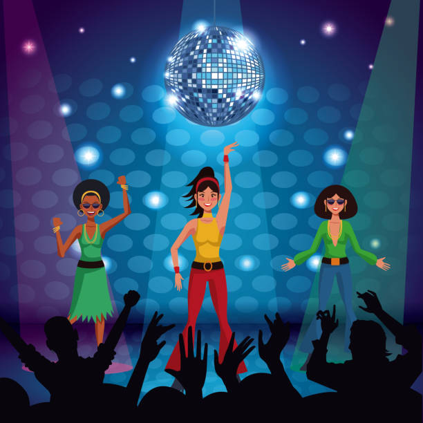 ilustraciones, imágenes clip art, dibujos animados e iconos de stock de pareja de bailarines de discoteca - disco ball 1970s style 1980s style nightclub