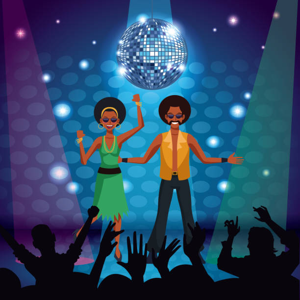 ilustraciones, imágenes clip art, dibujos animados e iconos de stock de pareja de bailarines de discoteca - disco ball 1970s style 1980s style nightclub