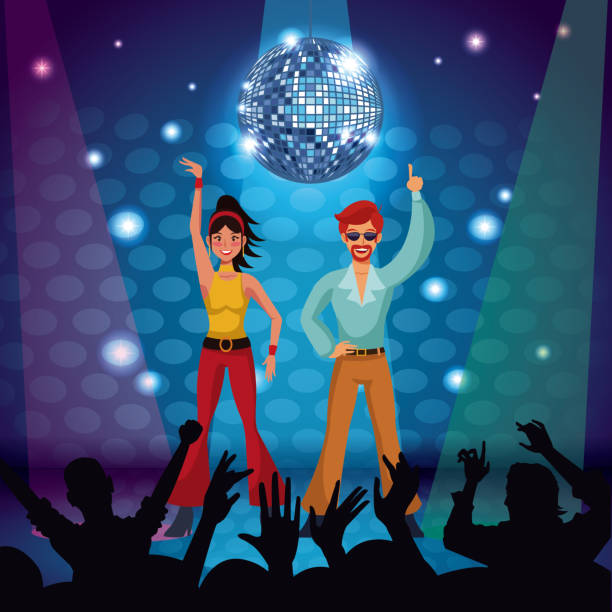 ilustraciones, imágenes clip art, dibujos animados e iconos de stock de pareja de bailarines de discoteca - disco ball 1970s style 1980s style nightclub