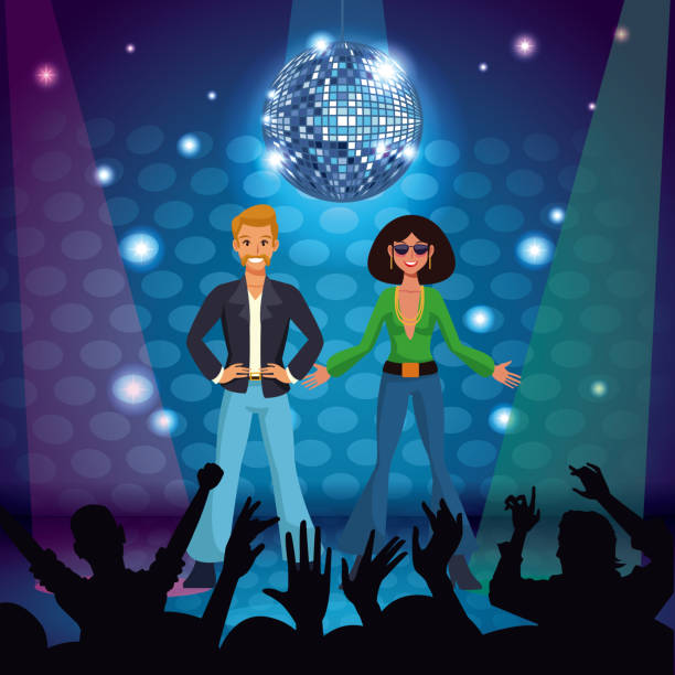 ilustraciones, imágenes clip art, dibujos animados e iconos de stock de pareja de bailarines de discoteca - disco ball 1970s style 1980s style nightclub