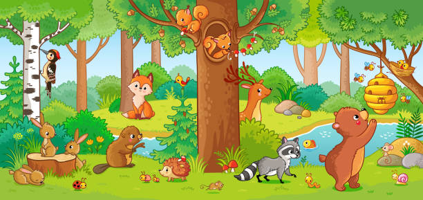 Vector illustration with cute forest animals. Vector illustration with cute forest animals in a children's style. A set of mammals in the forest. Collection in the children's style. bee water stock illustrations