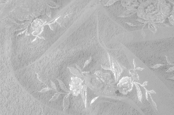 istock Texture, background, pattern. Lacy white fabric. Flowers made of lace fabric. White background. greeting card. Wallpaper for your desktop. Screensaver backdrop for designer 981463388