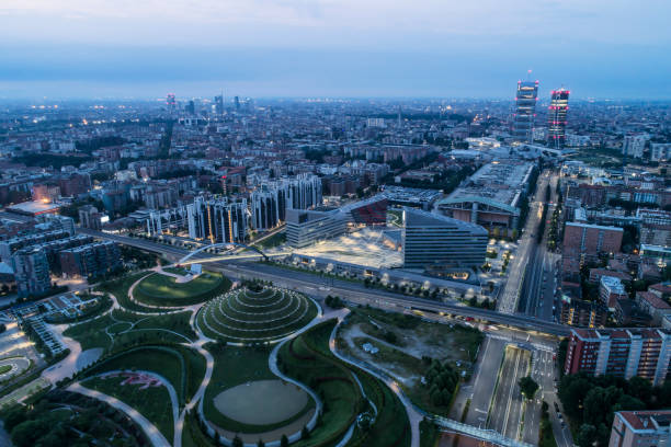 Aerial view of Milan Aerial view of Milan (Italy) at dawn. milan stock pictures, royalty-free photos & images