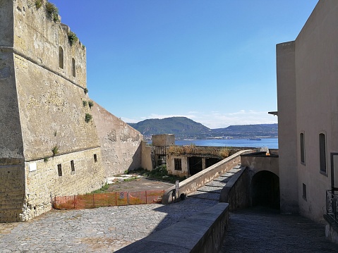 Bacoli, Naples, Campania, Italy - June 16, 2018: Panoramic view of the Aragonese Castle of Baia