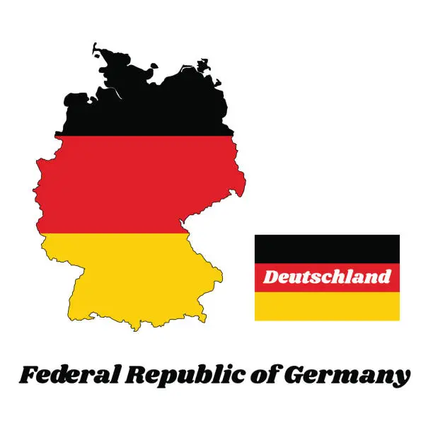 Vector illustration of Map outline and flag of Germany in yellow red and black color with name text of Federal Republic of Germany and Deutschland.