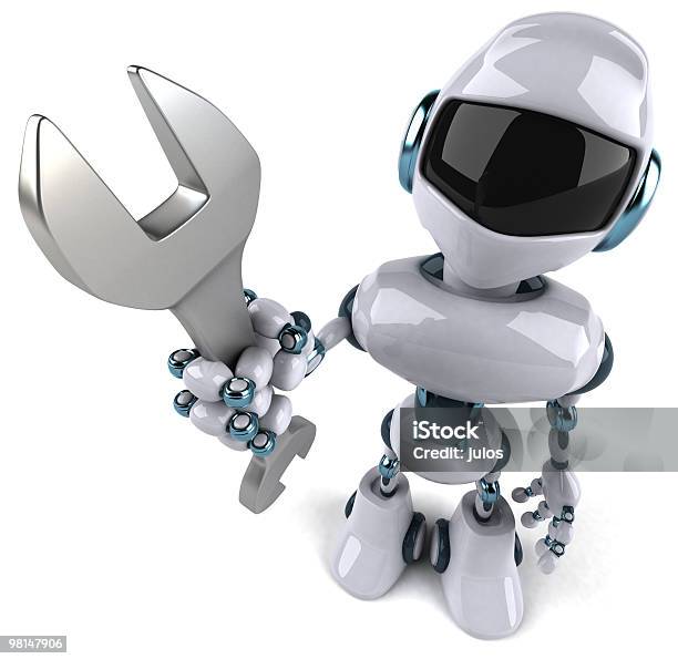 Robot With A Wrench Stock Photo - Download Image Now - Characters, Color Image, Cyborg