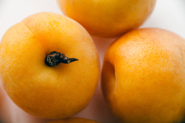 istock Fresh apricots whole and sliced on white background. Copy space 981483084