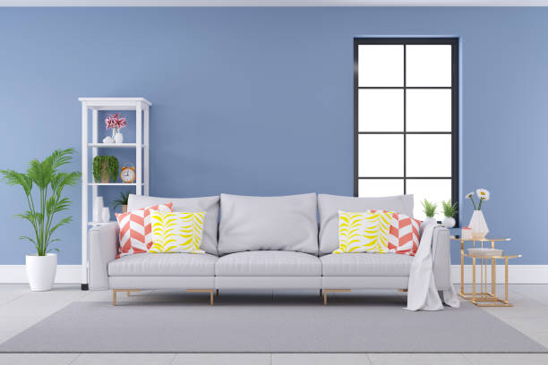 istock Minimalist Pastel color and modern room interior design,light gray sofa with blue wall and l White Shelves,summer concept,3d render 981483242