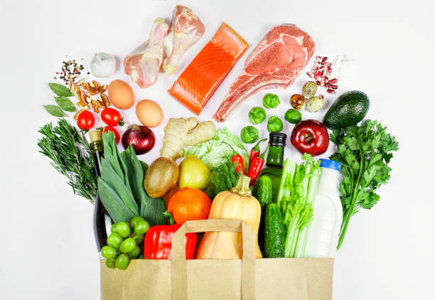 buy, care, delivery, diet, eco, family, farm, bag, vegetables, food stock photo