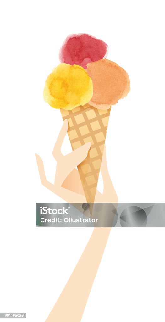 Woman hand holding an ice cream cone The illustration of a hand holding an ice on a white background Ice Cream stock vector