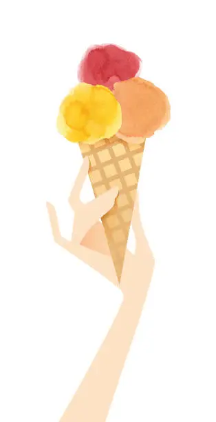 Vector illustration of Woman hand holding an ice cream cone