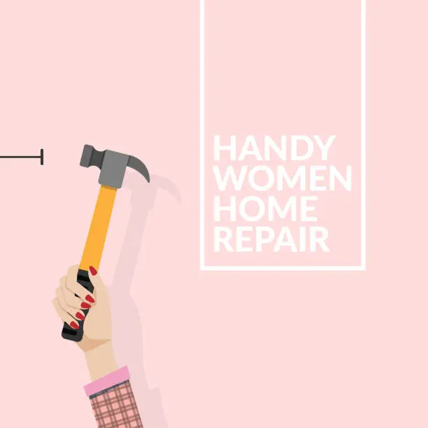 Vector illustration of woman using hammer and nail on the wall isolated on pink background. do it yourself home repair by woman concept. vector illustration EPS10 with copy space , flat design