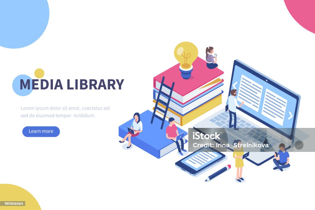 media library Media book library concept banner with characters. Can use for web banner, infographics, hero images. Flat isometric vector illustration isolated on white background. Library stock vector