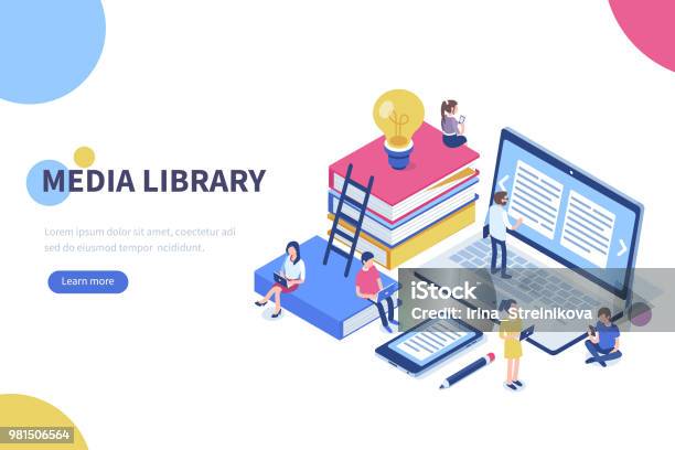 Media Library Stock Illustration - Download Image Now - Library, Isometric Projection, Education