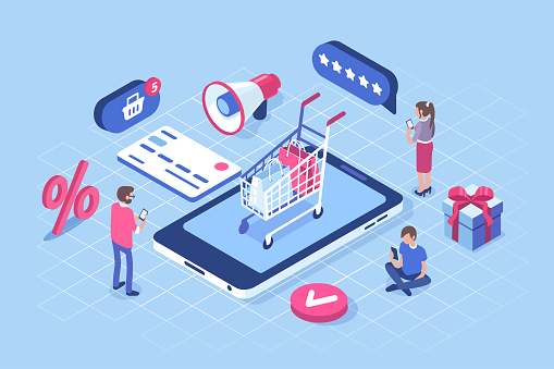 Online shopping concept with characters. Can use for web banner, infographics, hero images. Flat isometric vector illustration isolated on white background.