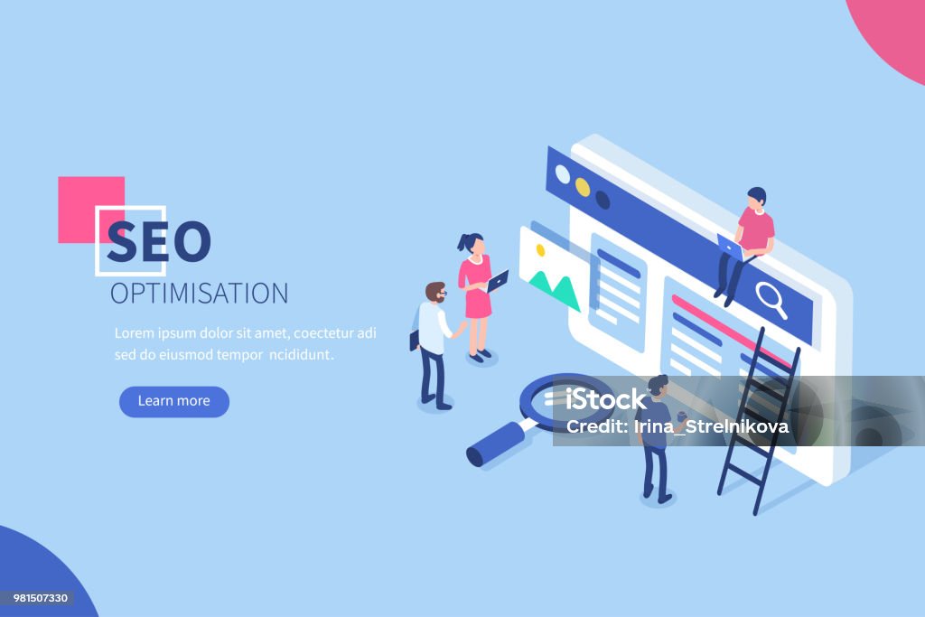 seo People team work together on seo. Can use for web banner, infographics, hero images.  Flat isometric vector illustration isolated on white background. Search Engine stock vector