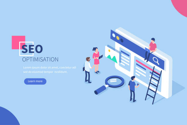 seo People team work together on seo. Can use for web banner, infographics, hero images.  Flat isometric vector illustration isolated on white background. writing tools stock illustrations
