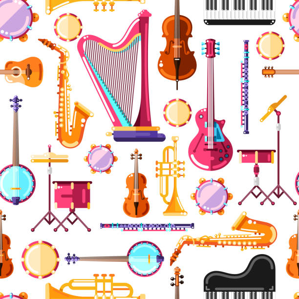 Musical instruments vector seamless pattern. Colorful background design for textile print Musical instruments vector seamless pattern. Colorful background design for textile print. guitar designs stock illustrations
