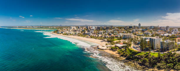 Aerial panoramic image of ocean waves on a Kings beach, Caloundr Aerial panoramic image of ocean waves on a Kings beach, Caloundra, Queensland, Australia caloundra stock pictures, royalty-free photos & images