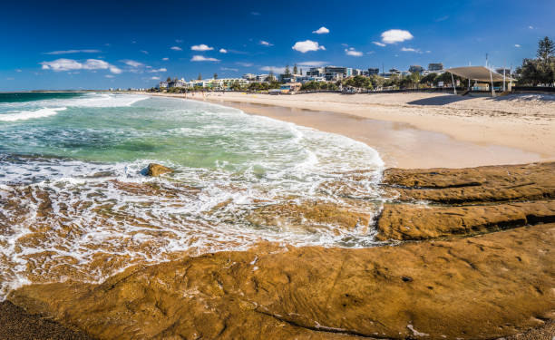 Panoramic image of ocean waves on a Kings beach, Caloundra, Aust Panoramic image of ocean waves on a Kings beach, Caloundra, Queensland, Australia caloundra stock pictures, royalty-free photos & images