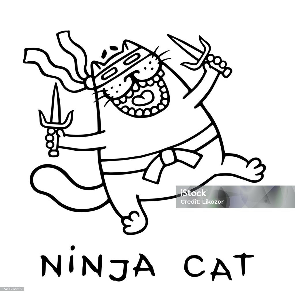 Fat ninja cat with two sais. Isolated vector illustration. Fat ninja cat with two sais. Funny cartoon cool character. Isolated vector illustration. White color background. Activity stock vector