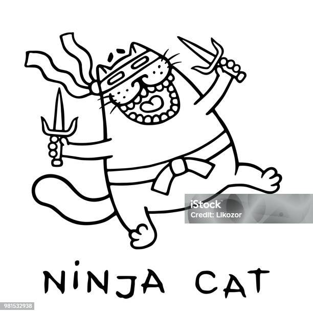 Fat Ninja Cat With Two Sais Isolated Vector Illustration Stock Illustration - Download Image Now