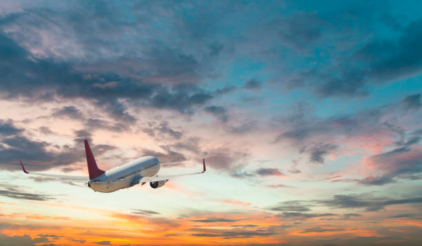 istock Commercial jet flying at sunset sky 981543554
