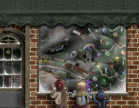 An illustration (non-vector) of three children looking through the window of a toy store in anticipation of Christmas.