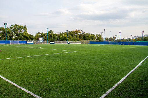an interior of a football field with a green grassy covering. small training soccer field