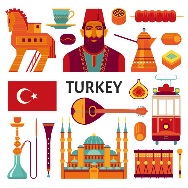 Turkey icons collection. Vector illustration of Turkish culture and food symbols, such as Turks in national costume, Blue Mosque, Trojan horse, baklava and hookah in trendy flat style. baklava stock illustrations
