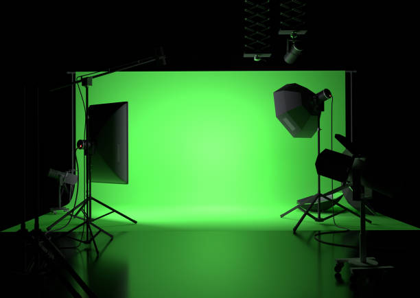Green Screen Empty Studio Background A green screen photography studio background with lighting. 3D illustration photo shoot stock pictures, royalty-free photos & images