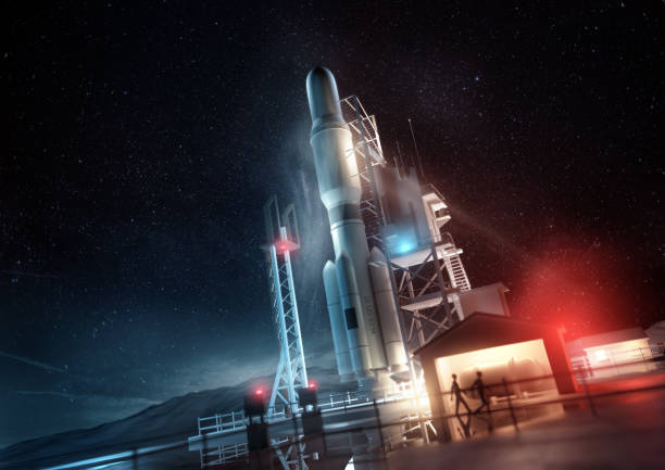 Space Rocket on Launch Platform A large space rocket ready for launch at night. 3D illustration concept. rocket launch platform stock pictures, royalty-free photos & images