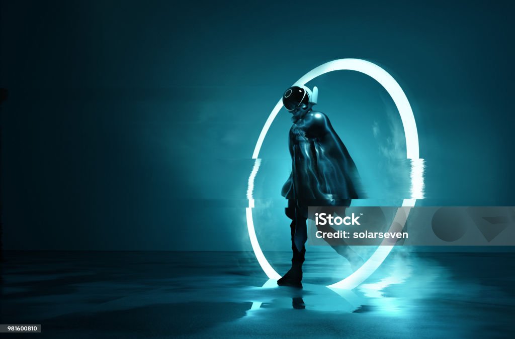 Exiting The Void Exiting The Void. A futuristic Space astronaut exiting a glowing loop through time. Conceptual 3D Illustration. Futuristic Stock Photo