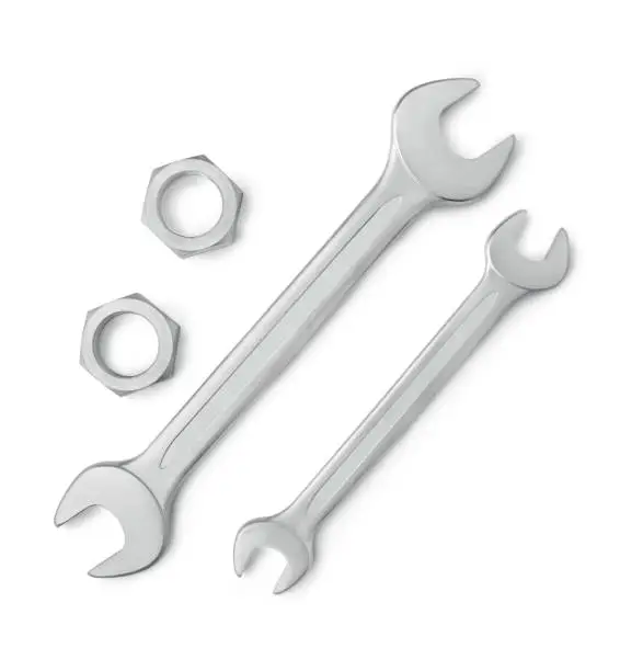 Up view of two wrenches spanner and two female screws with a soft shadow. Clipping path at the pieces