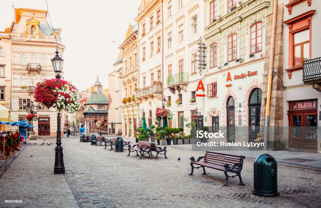 Lviv market square morning promenade in Lviv city centre Lviv Stock Photo