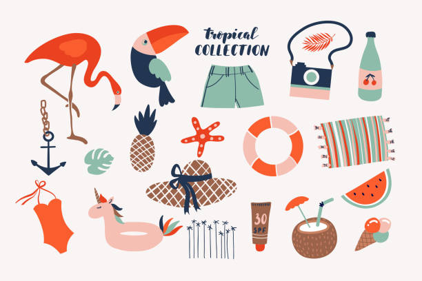 ilustrações de stock, clip art, desenhos animados e ícones de summer vector vintage style illustration - beach nautical vessel party clothing