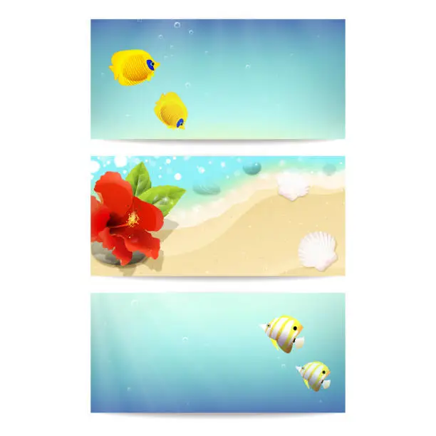Vector illustration of Banners with Sea, Beach, Coral Fishes and Hibiscus