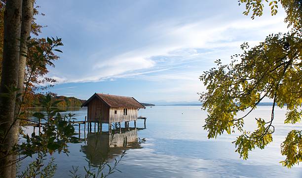 boat house in Stegen, Lake Ammer in the winter morning sun