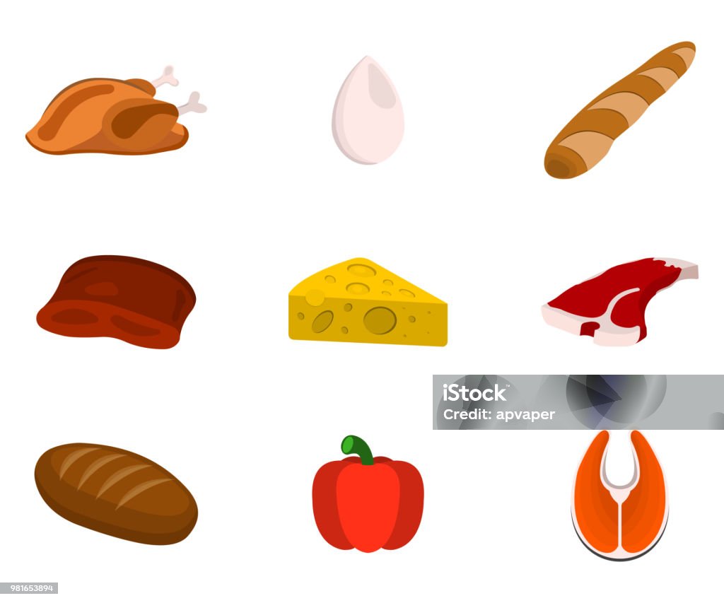 Vetores de Conjunto De Alimentos De Origem Animal Ilustração Em Vetor Dos Desenhos Animados e Vetores de Conjunto De Alimentos De Origem Animal Ilustração Em Vetor Dos Desenhos Animados e