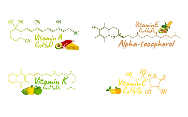 Vitamin Complex with Food K, A, E, C Label and Icon. Chemical Formula and Structure Logo. Vector Illustration Vitamin Complex with Food K, A, E, C Label and Icon. Chemical Formula and Structure Logo. Vector Illustration. alpha tocopherol stock illustrations