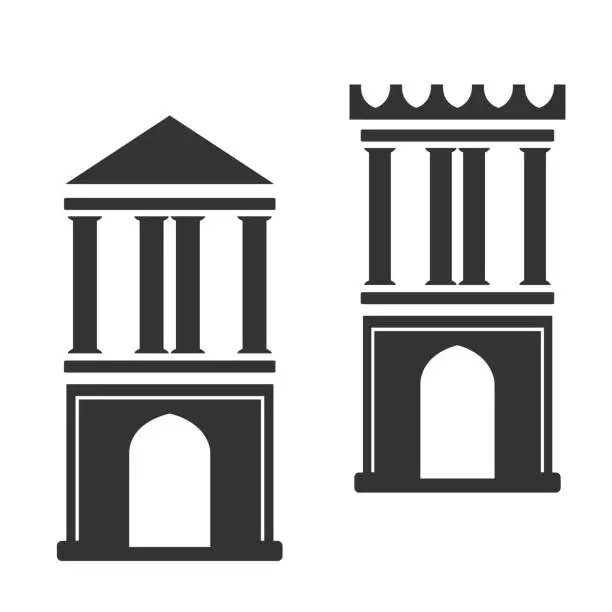 Vector illustration of Vector architecture building symbol, historical building, two black icon of simple tower