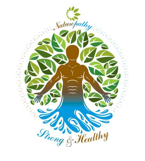 istock Vector graphic illustration of strong male, body silhouette standing. Creative metaphor of harmony between human and nature powers like water and tree. 981679260