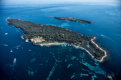 Panoramic aerial view of the Île Sainte-Marguerite, the largest of the Lérins Islands, about half a mile off shore from the French Riviera town of Cannes.
