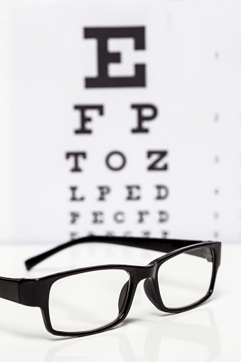 black, defocused eyeglasses with eye chart
