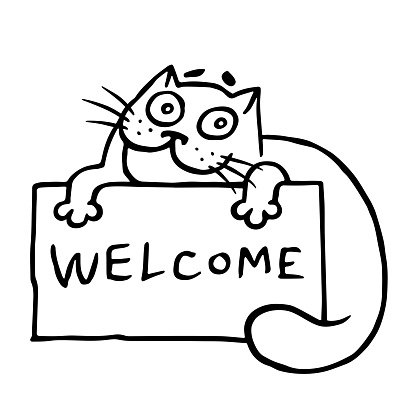 Cute hospitable cat is holding a sign with the word welcome. Funny cartoon cool character.