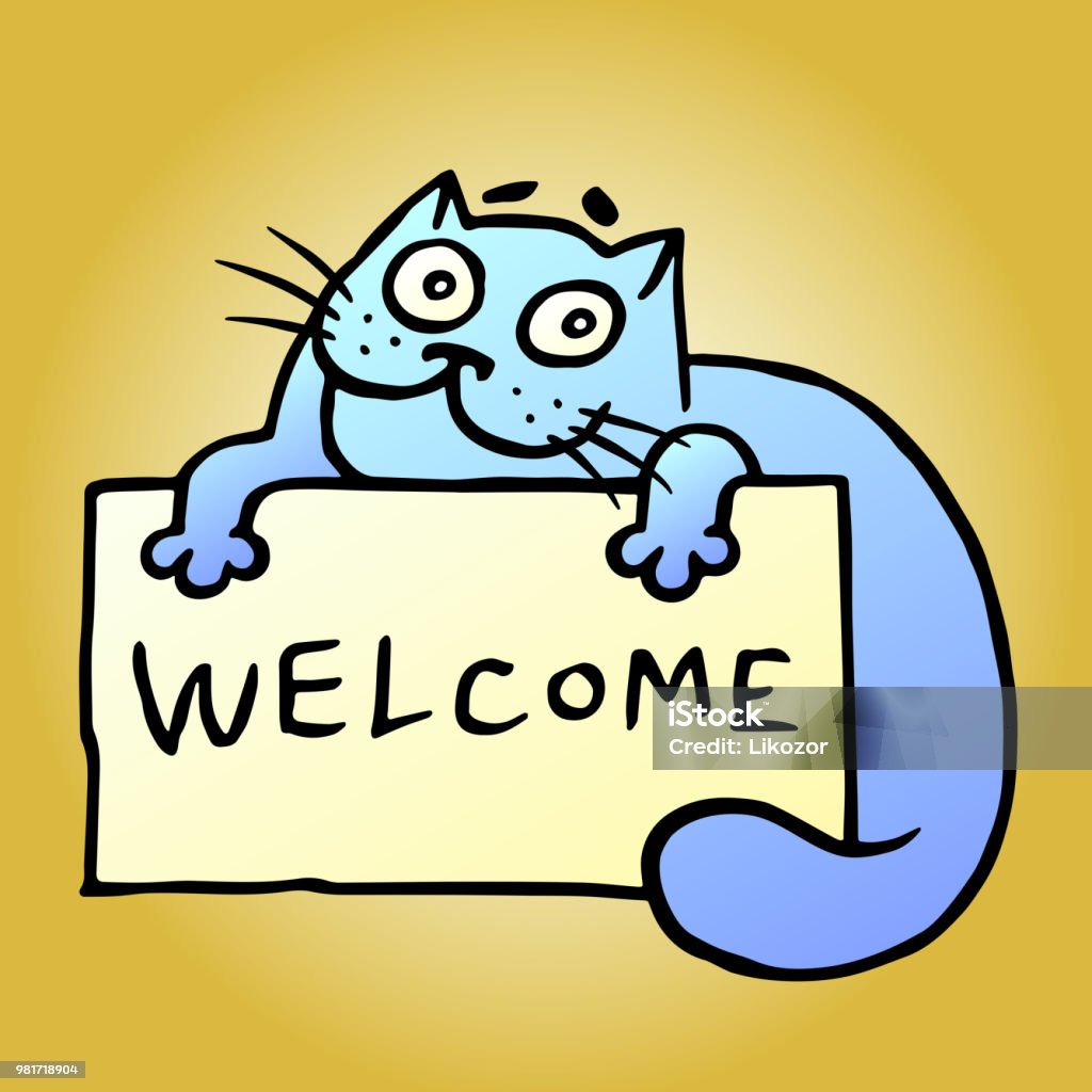 Hospitable Cat Cartoon Blue Hospitable Cat With An Invitation Card Stock Illustration ...