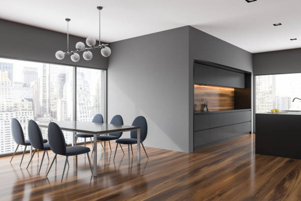 istock Gray dining room and kitchen corner, city view 981719266